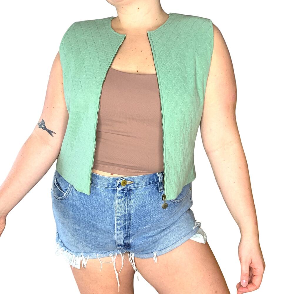 Vintage Sage Matcha Green Zip Up Quilted Vest Tank Cottage Size Medium